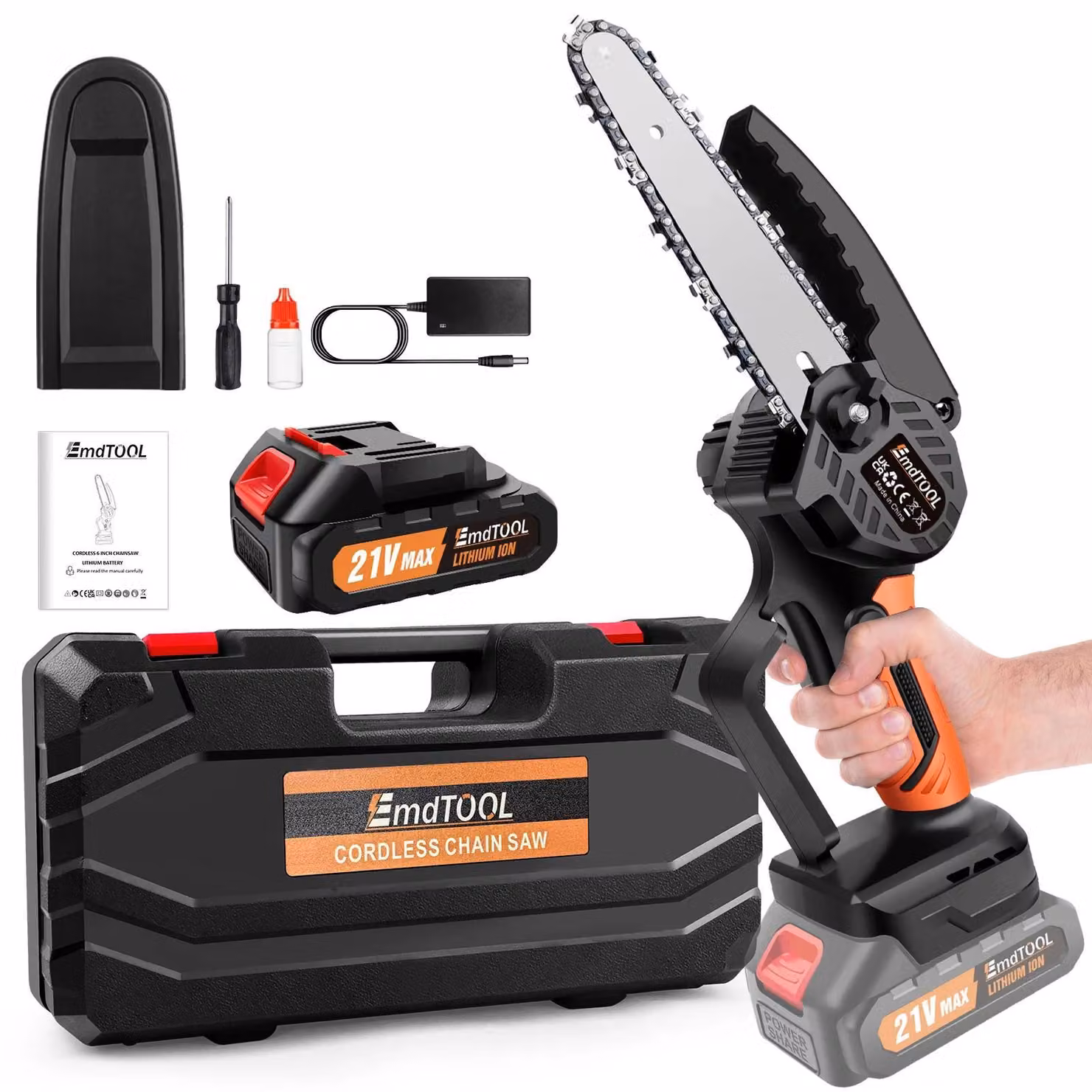 Mini motosega a batteria - Motosega senza fili - 21 V - 6000 W - Batteria agli ioni di litio da 3000 mAh - Lama da 15,2 cm - 5300 giri/min - Blocco di sicurezza - 1 batteria