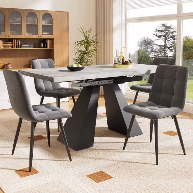 Set da pranzo 5 pezzi: tavolo allungabile 160x80x75 cm con gambe a colonna + 4 sedie in velluto grigio, per 4 persone