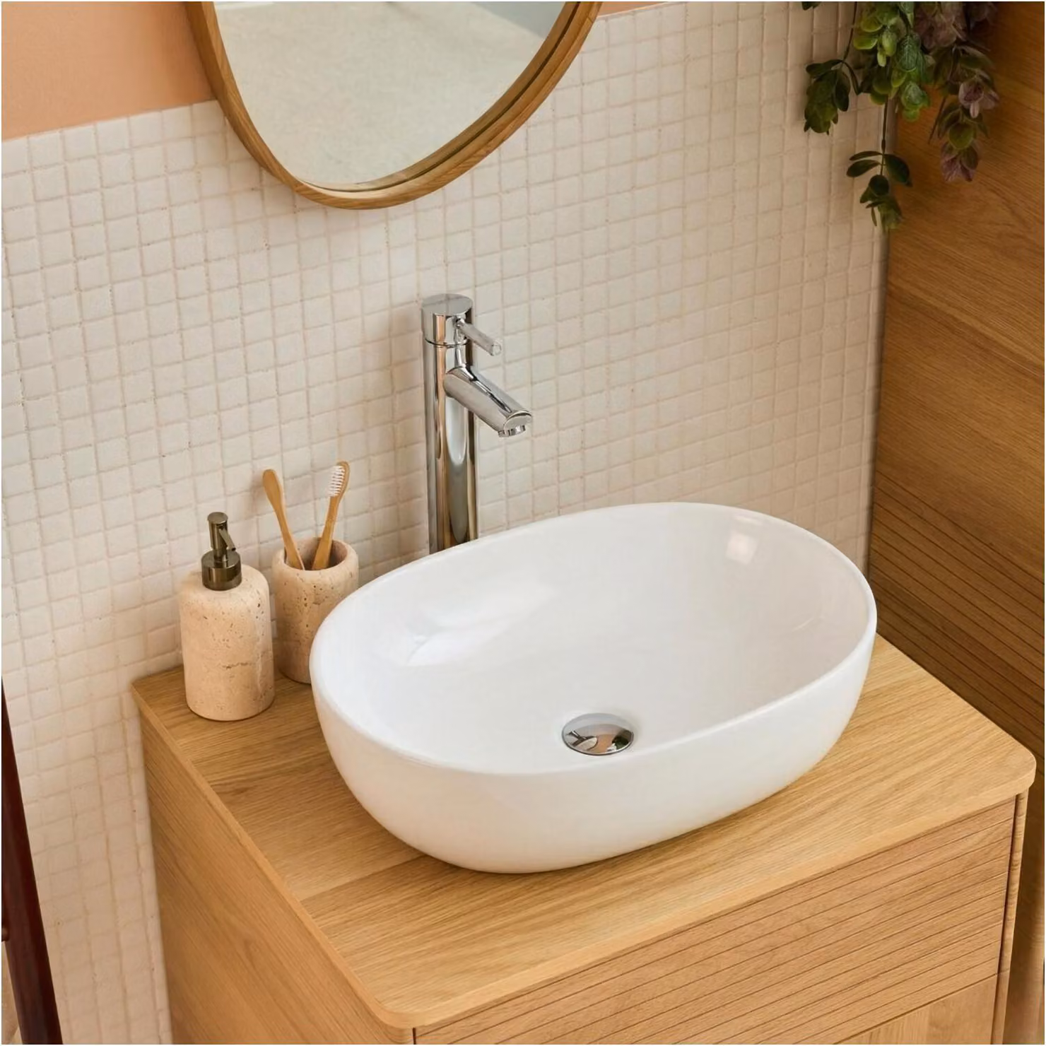 Lavabo ovale da appoggio in Vetroceramica bianca, 49x35,5cm, PIA