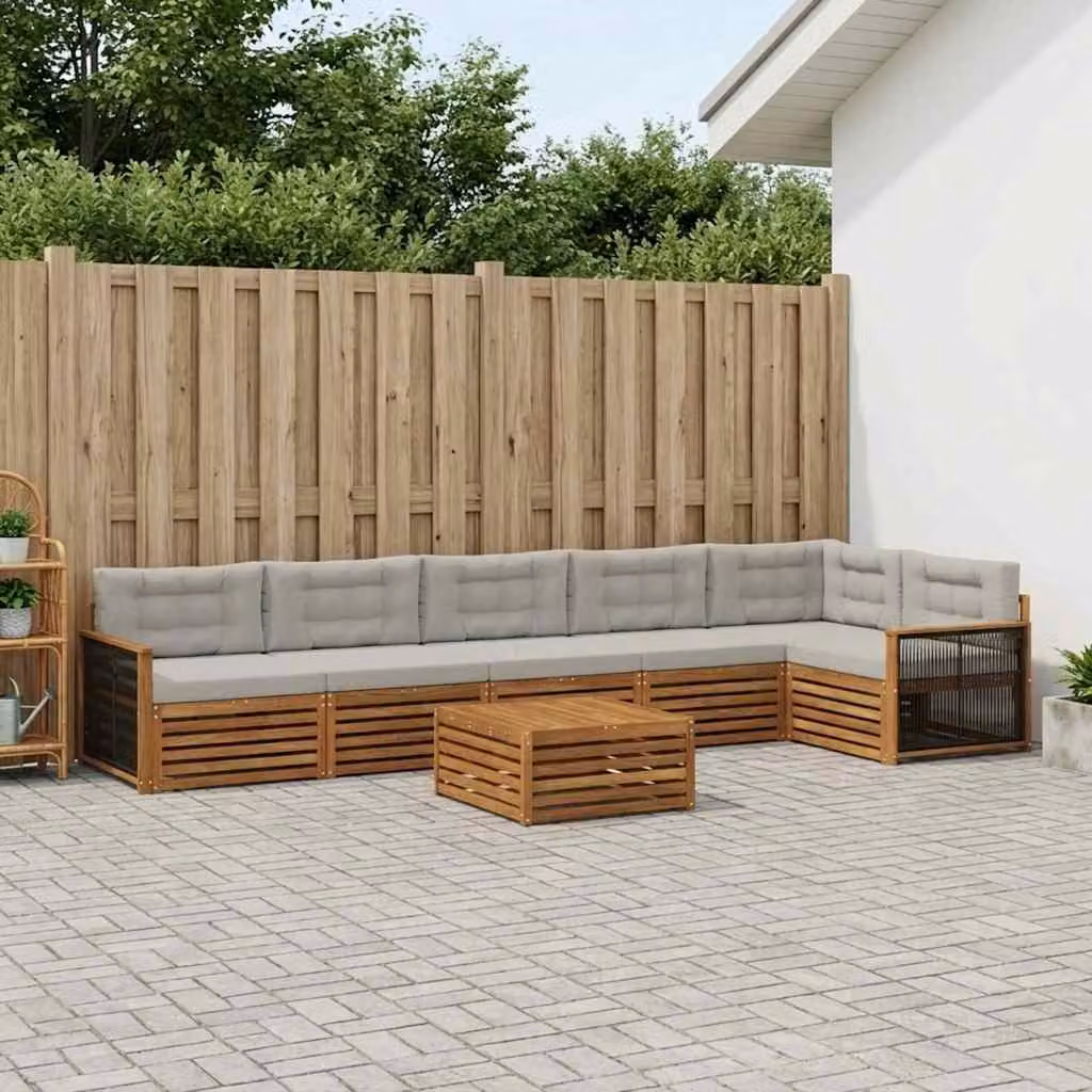Set di divani da esterno vidaXL 7 pz in legno di acacia con tavolo da caffè, colore beige e grigio chiaro