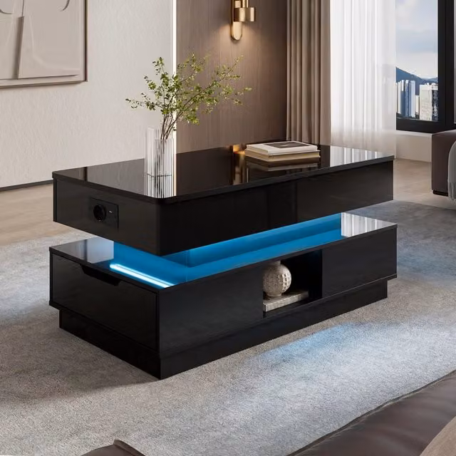 Tavolino basso alzabile con presa LED; cassetti e vani aperti in MDF nero lucido 90 × 48 × 42.5 cm