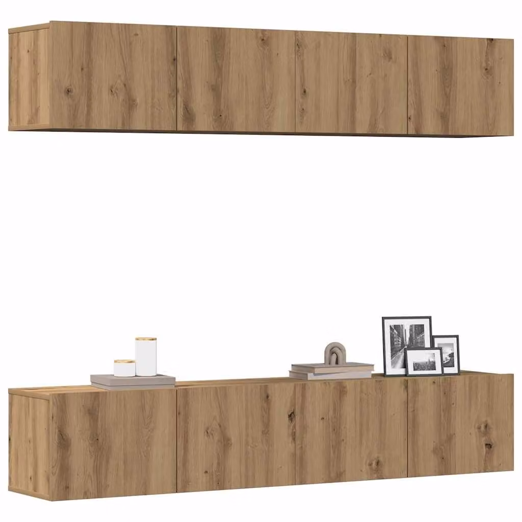 Set di 4 mobili TV da parete vidaXL in legno multistrato e MDF, stile moderno, colore rovere marrone, L: 80 cm, P: 30 cm, H: 30 cm