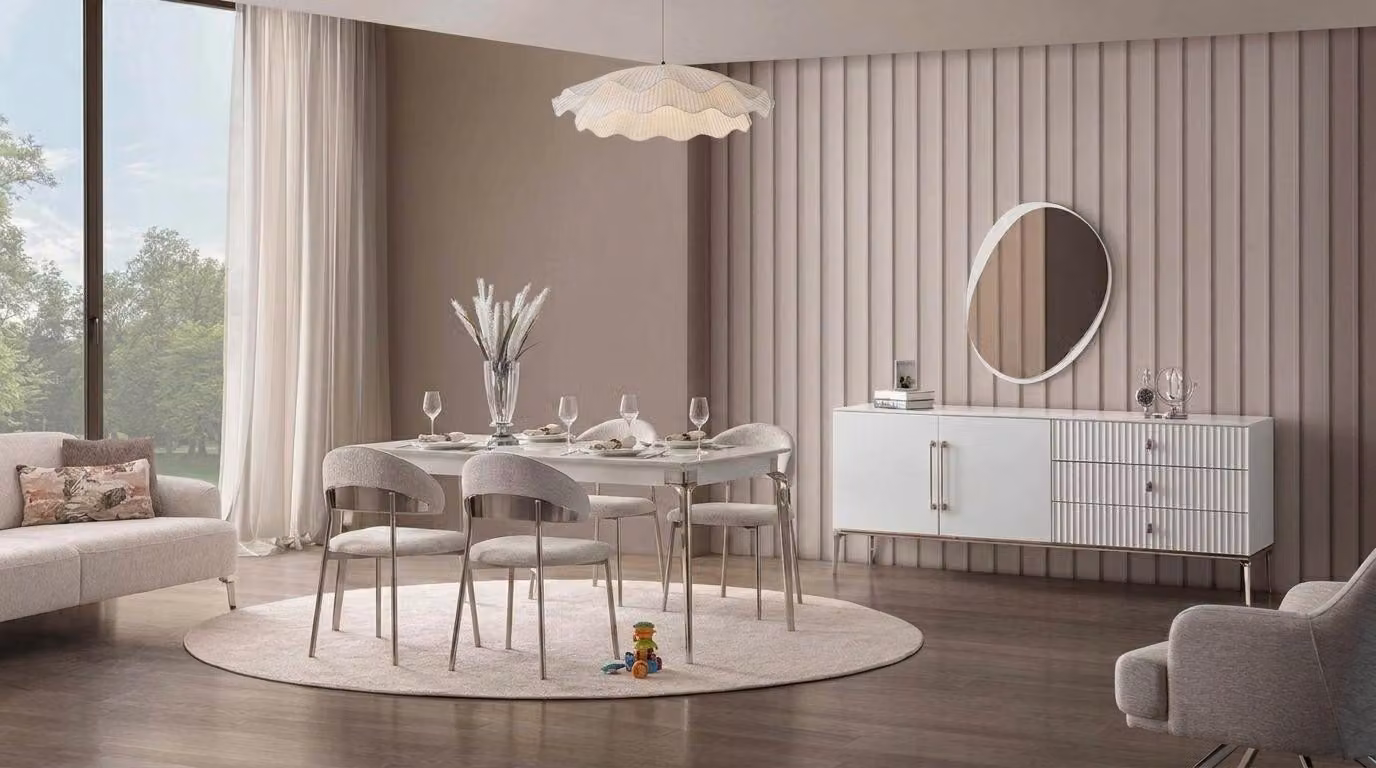 Set per sala da pranzo: tavolo, 4 sedie, credenza, specchio. Stile moderno, colore bianco, design elegante