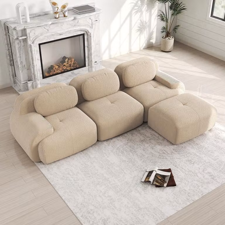Divano angolare modulare Cord beige, divano senza struttura, non richiede montaggio, con braccioli extra larghi e imbottitura in schiuma 32D, adatto agli animali domestici, dimensioni 298x178x70 cm