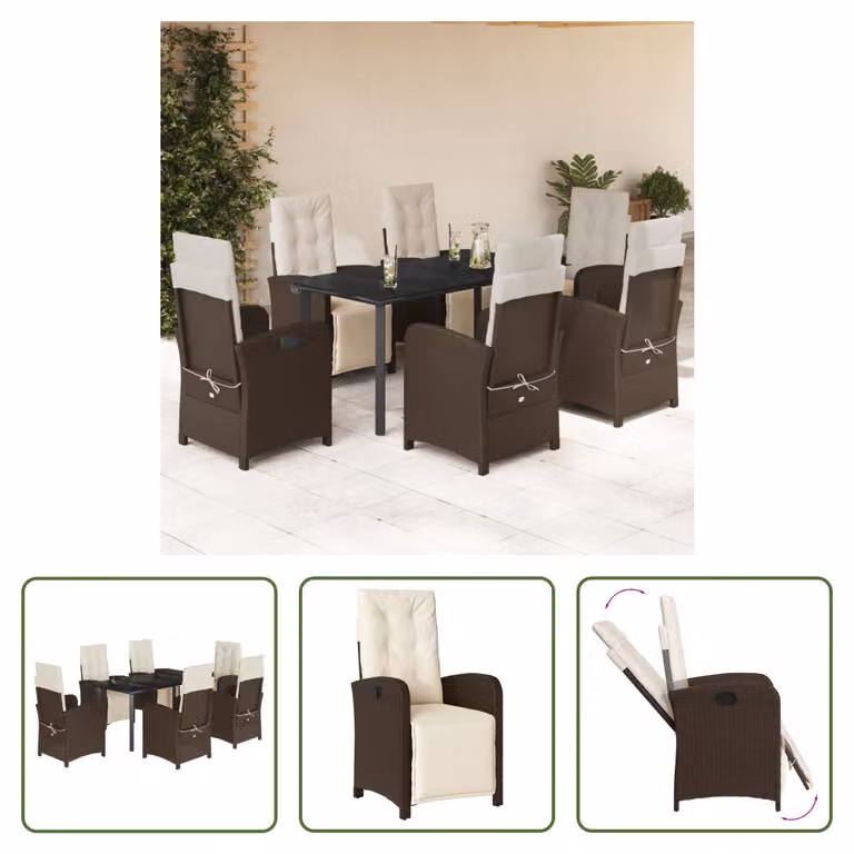 The Living Store Set da pranzo da giardino 7 pezzi con cuscini in polirattan marrone