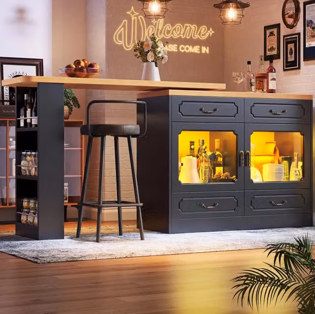 Tavolo bar estensibile girevole 360° con LED; 4 cassetti; 135-203x39x92;8 cm; nero/naturale