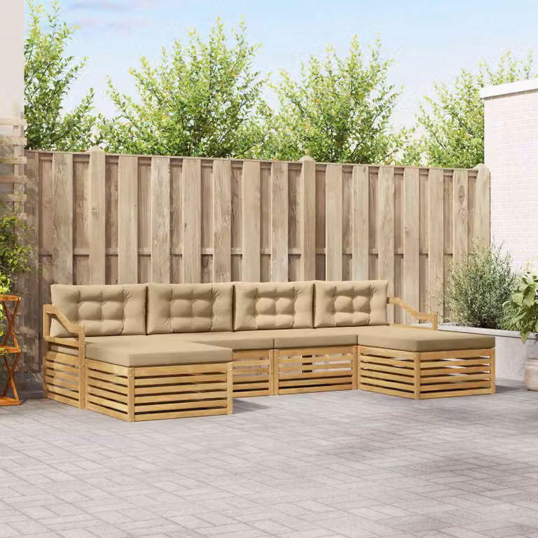 vidaXL Set di divani da esterno a L in legno di acacia con cuscini, 6 pezzi, Bianco e Beige
