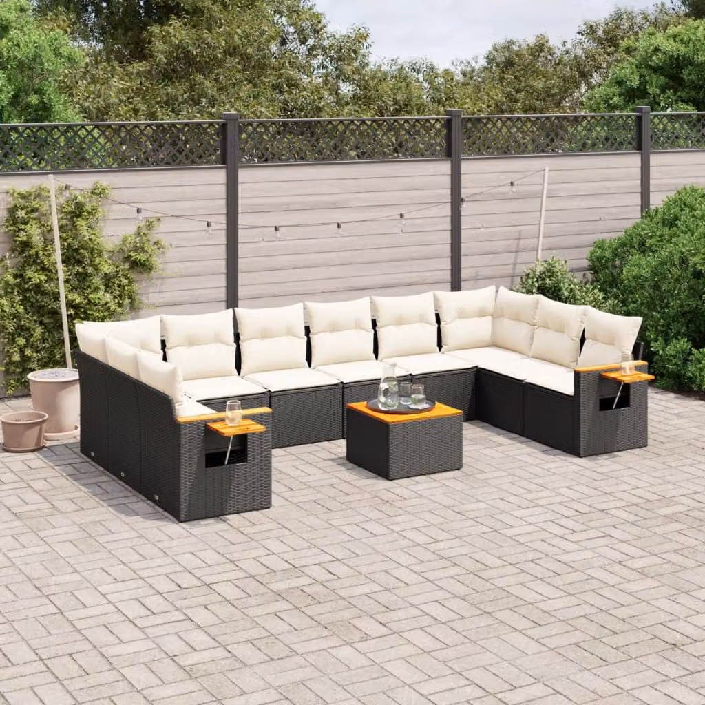 vidaXL Set Divani da Giardino 11 pz in Polyrattan Nero con Cuscini e Tavolino da Esterno – 1