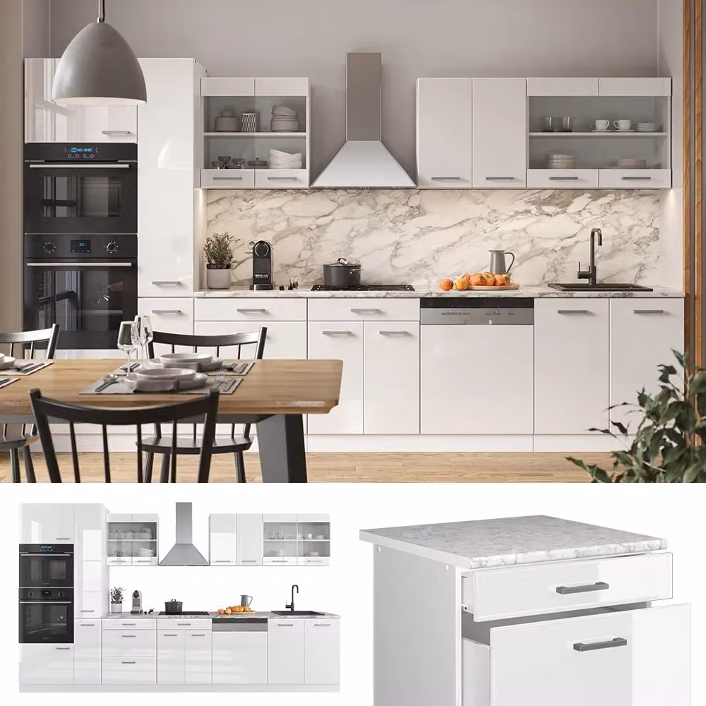 Cucina componibile moderna Vicco R-Line Bianco lucido con armadio alto e piano antracite, L: 350 cm – 2