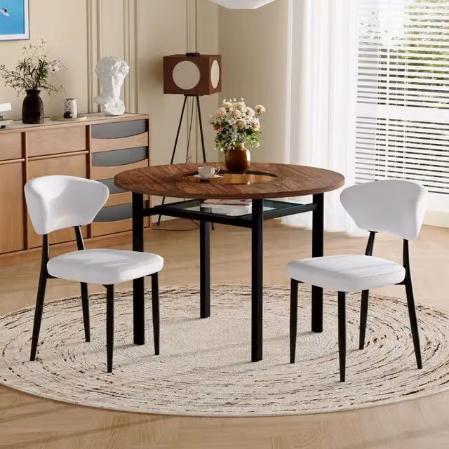 Set tavolo rotondo Mivray con 2 sedie da pranzo moderno in MDF, vetro e metallo marrone con sedute bianche o grigie