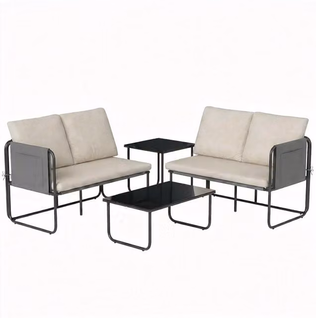 Set da giardino Outsunny composto da 2 divani a 2 posti e 2 tavoli in vetro con cuscini beige e fodere rimovibili color kaki