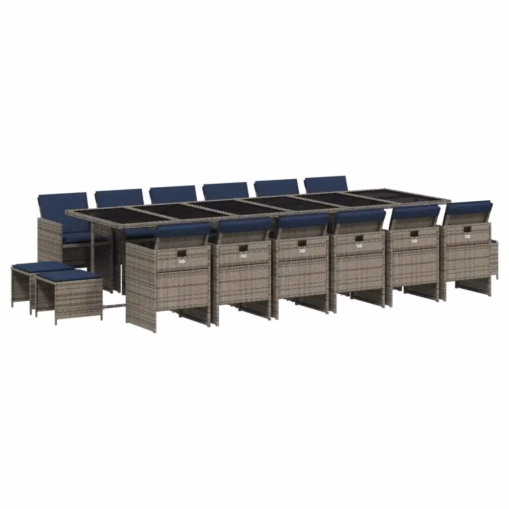 Set da pranzo da giardino vidaXL in polyrattan con cuscini e tavolo in vetro da 17 pezzi, Grigio – 2