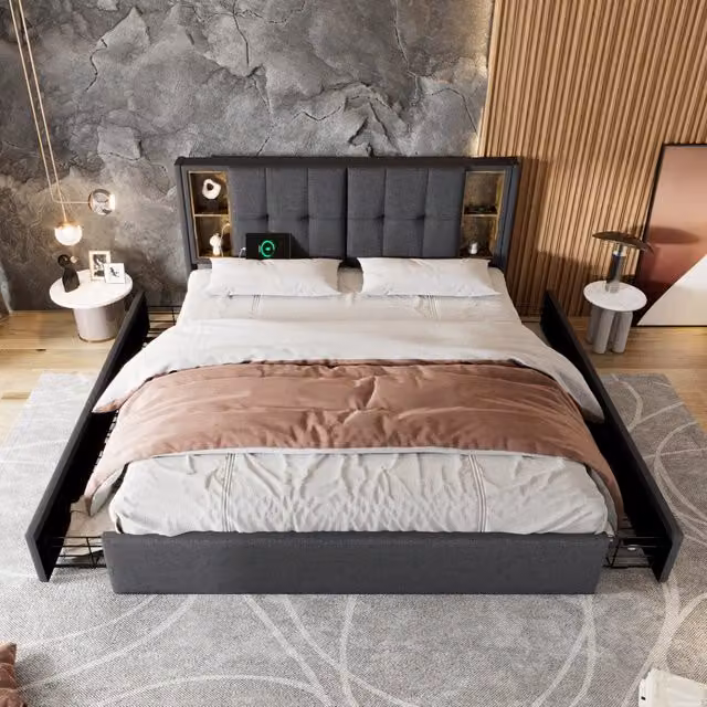 Letto matrimoniale imbottito 160 × 200 cm con materasso 7 zone 4 cassetti ricarica wireless USB C lino grigio