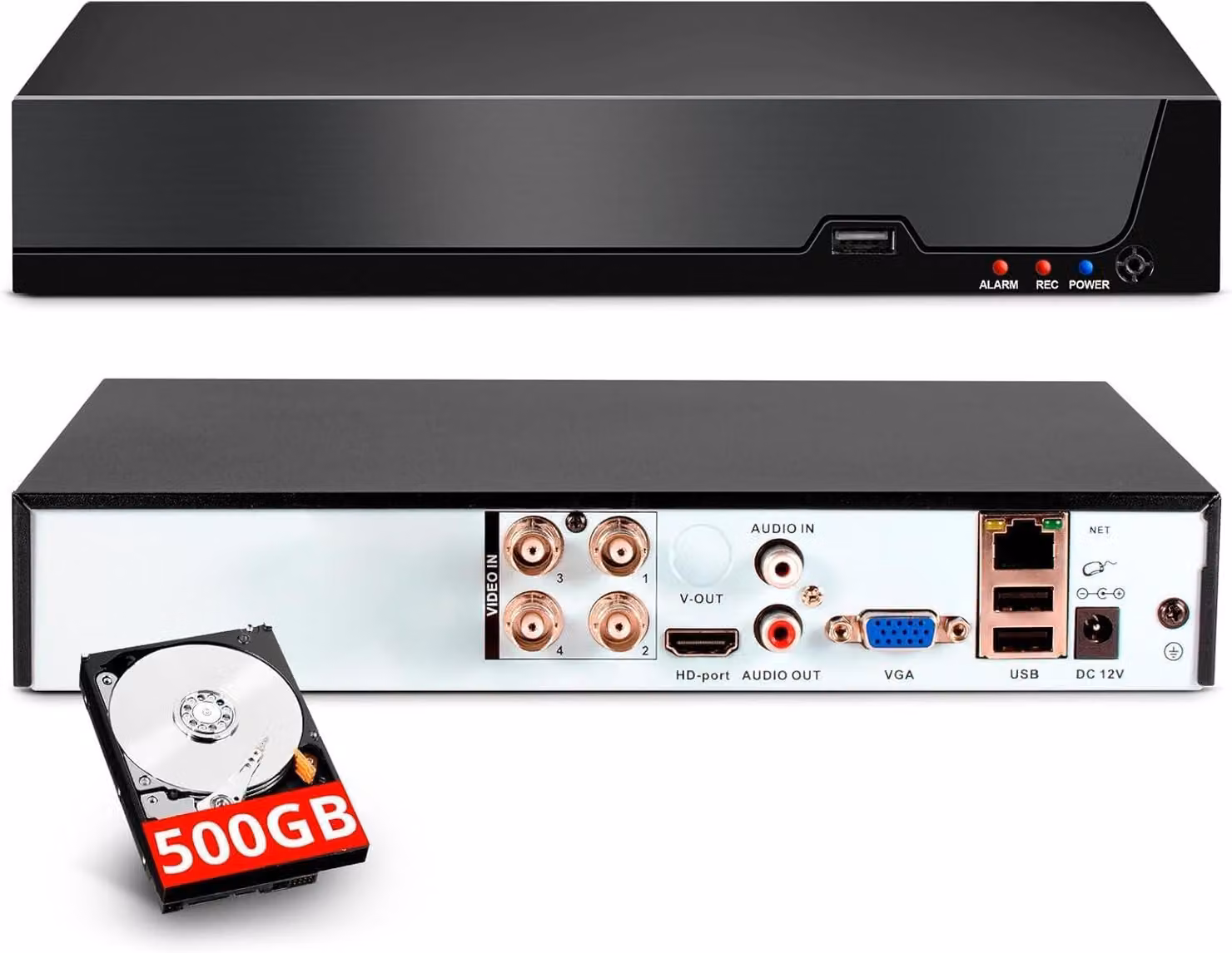 Registratore video digitale (DVR) per sistemi di videosorveglianza a 4 canali, con hard disk da 500 GB, compatibile con telecamere analogiche, XVI, AHD, TVI e IP a risoluzione fino a 5MP, con compressione video H.265+. Ideale per sistemi di videosorveglia
