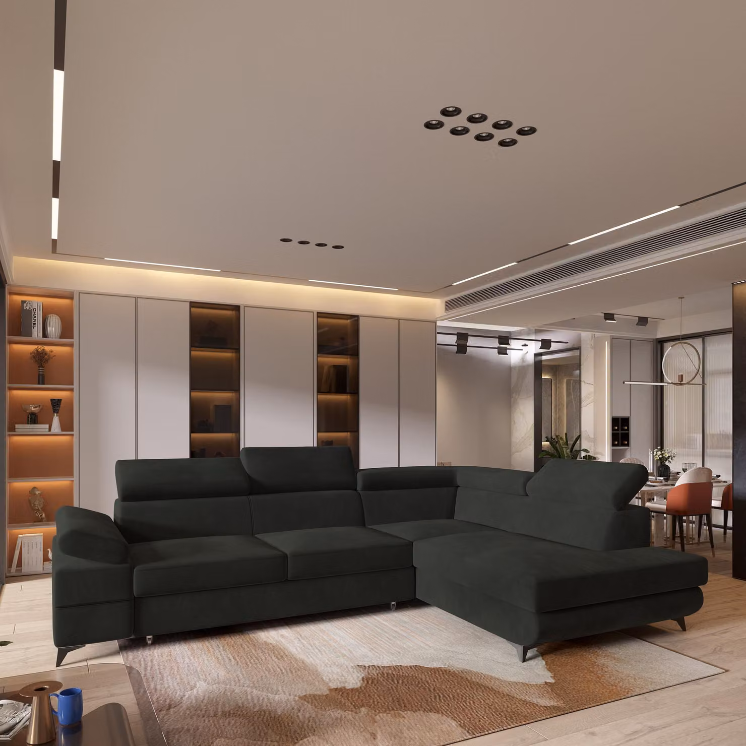 Divano angolare FAVIEN R-S di Masseno con funzione letto a L, divano con box letto, divano da soggiorno, divano, divano letto, set di divani - nero, MONOLITH 95