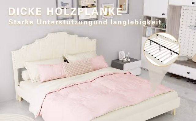 Letto imbottito basso con testiera morbida, velluto olandese, beige, 160x200 cm, senza materasso