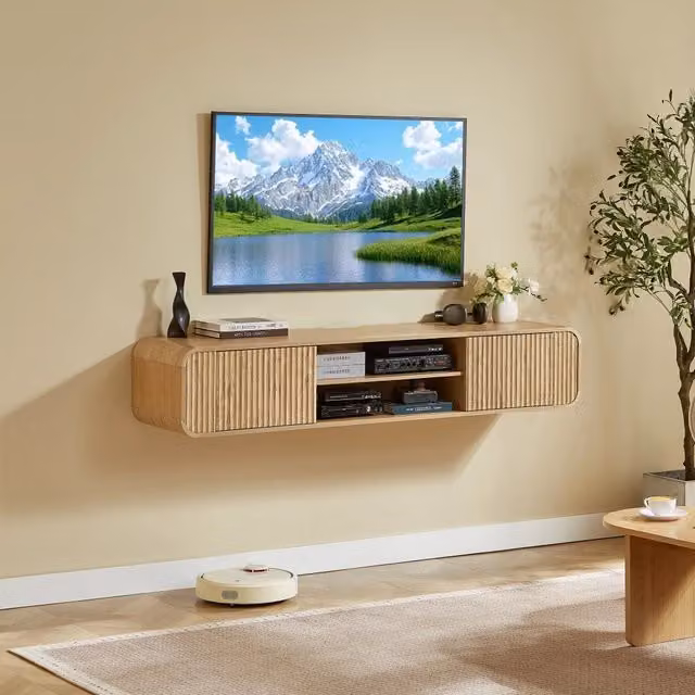 Mobile TV sospeso 160x38x30 cm con vani aperti e passacavi in truciolato naturale