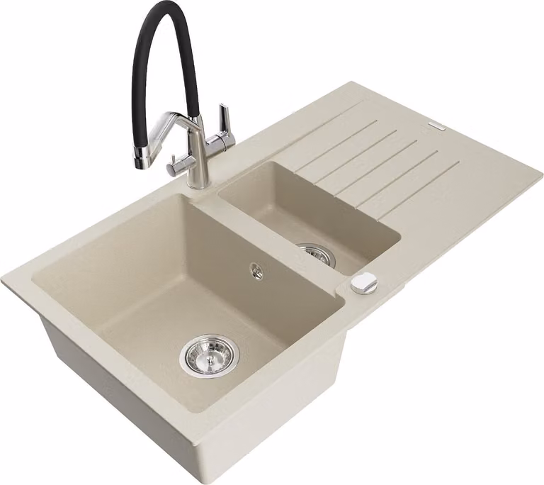 Mexen Matias lavello in granito 1,5 vasca con sgocciolatoio e rubinetto da cucina Duo, beige - 6502-69-671701-07
