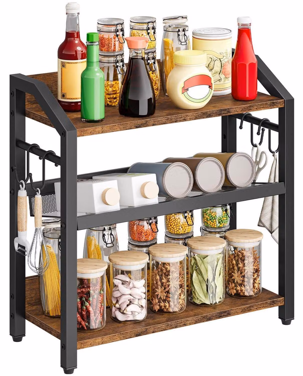 Ripiano portaoggetti da cucina per piano di lavoro, con 3 ripiani e 4 ganci a forma di S, aspetto legno vintage/nero