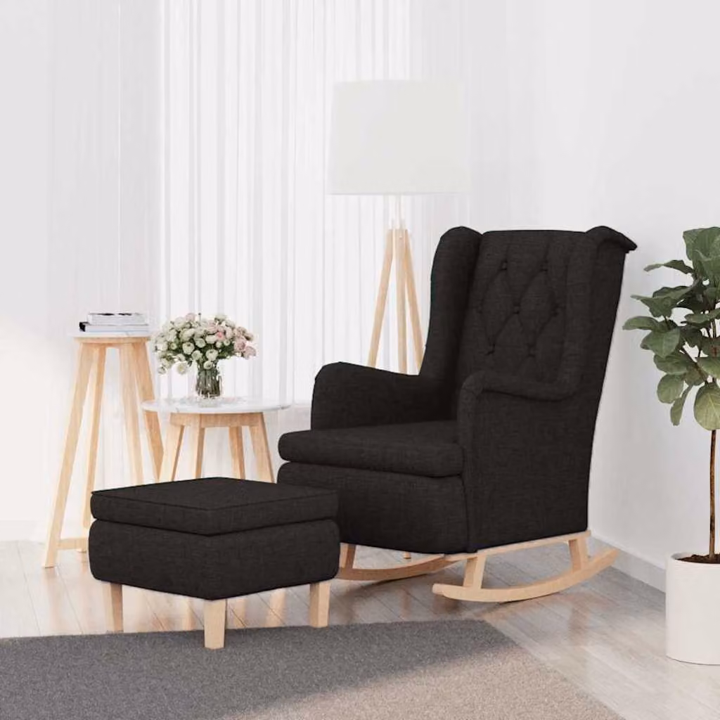 vidaXL Poltrona Relax con Sgabello e Braccioli in Tessuto Nero e Struttura in Legno Massiccio – 1