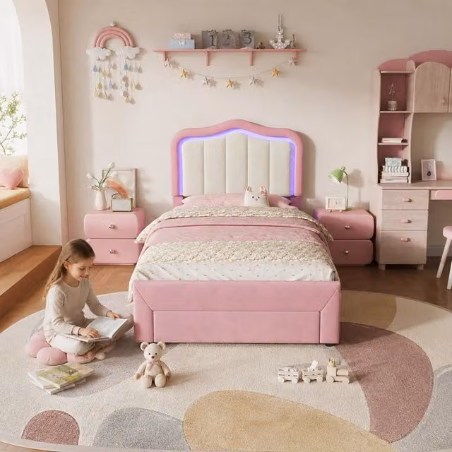 Letto imbottito per bambini 90x200 cm in velluto rosa con cassetto ai piedi e LED controllabili tramite app