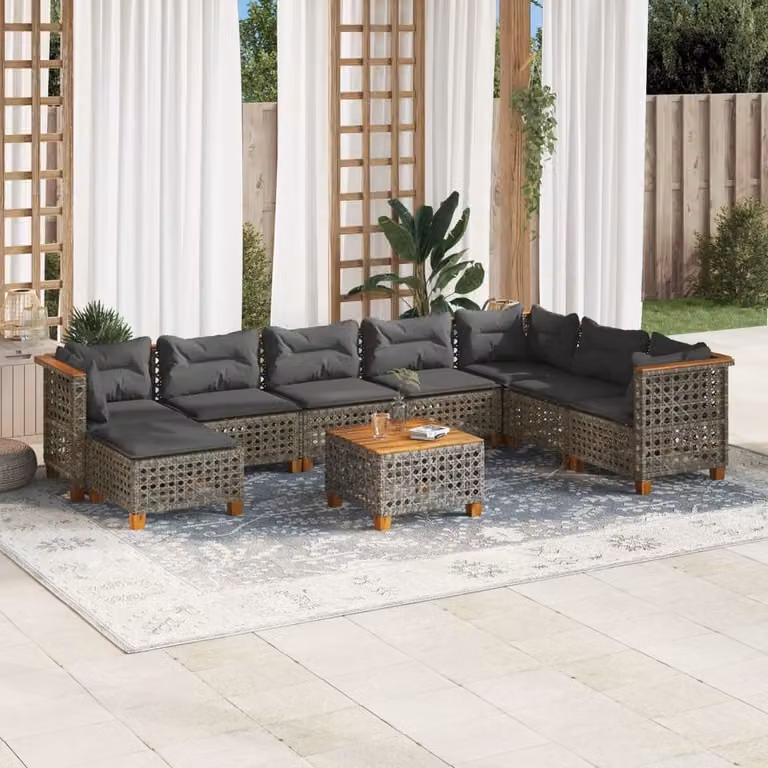 vidaXL Set Divano da Giardino a L 9 pz in Polyrattan Grigio con Cuscini e Tavolino