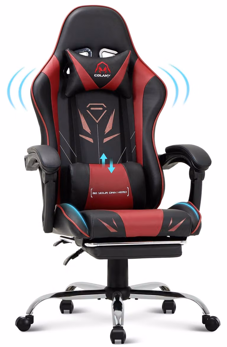 COLAMY Sedia da gioco - Sedia ergonomica per computer con poggiapiedi, supporto lombare, poggiatesta, funzione girevole a 360° e schienale alto, rosso