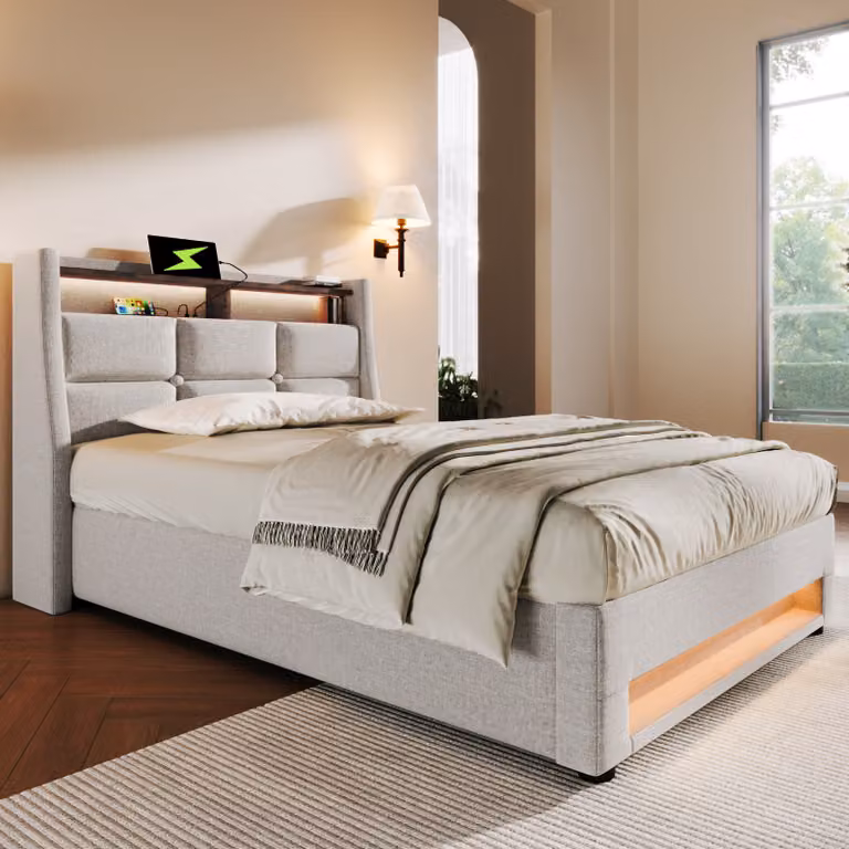 okwish LED Letto imbottito 90x200 cm, letto singolo con USB, letto junior con struttura in metallo e rete a doghe, telaio in lino, beige (senza materasso)