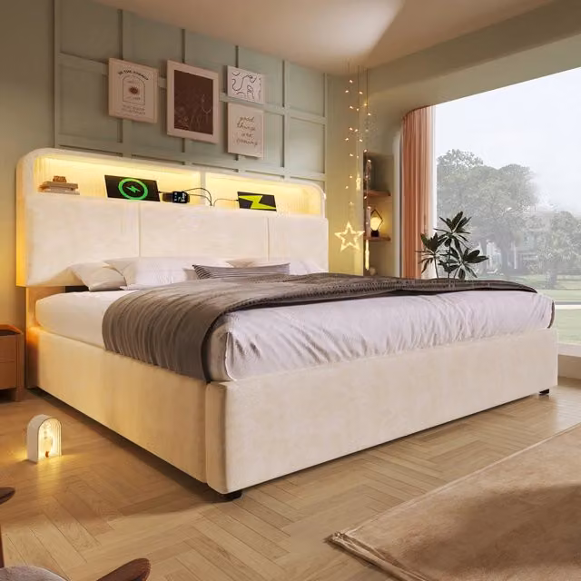 Letto contenitore Mivray in velluto beige con testiera regolabile, illuminazione LED, porta USB Type-C e materasso incluso, L/P/H: 140 x 200 x 145 cm