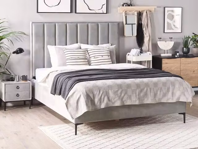 Letto Beliani in velluto grigio con contenitore e testata imbottita, L/P: 180 x 200 cm – 1