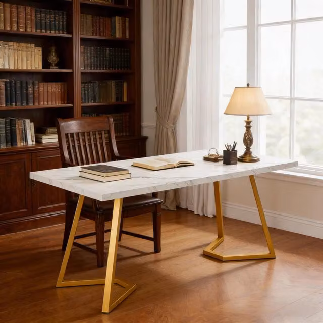 Scrivania moderna da ufficio WISHDOR in legno e metallo, bianco e oro