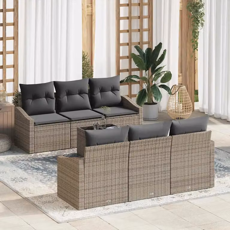 Set di divani da giardino vidaXL in polyrattan grigio con cuscini e tavolino da esterno, 7 pezzi