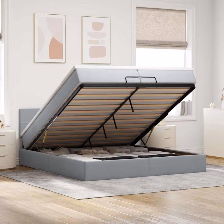 vidaXL Struttura Letto con Materasso e Contenitore a Sollevamento in Tessuto Grigio e Bianco L/P/H: 200 x 200 x 28 cm