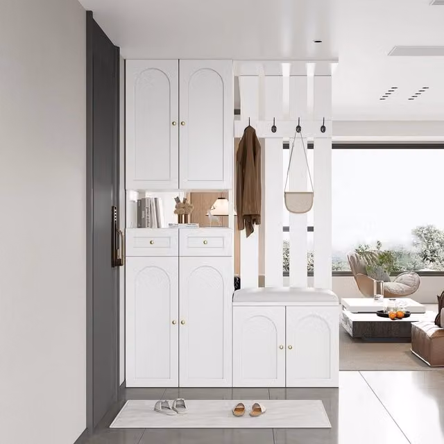 Set Ingresso con Scarpiera, Panca e Appendiabiti ¨C MINIMAL ¨C Bianco, 4 Ganci, 6 Ante, 2 Cassetti, 110x180x37 cm