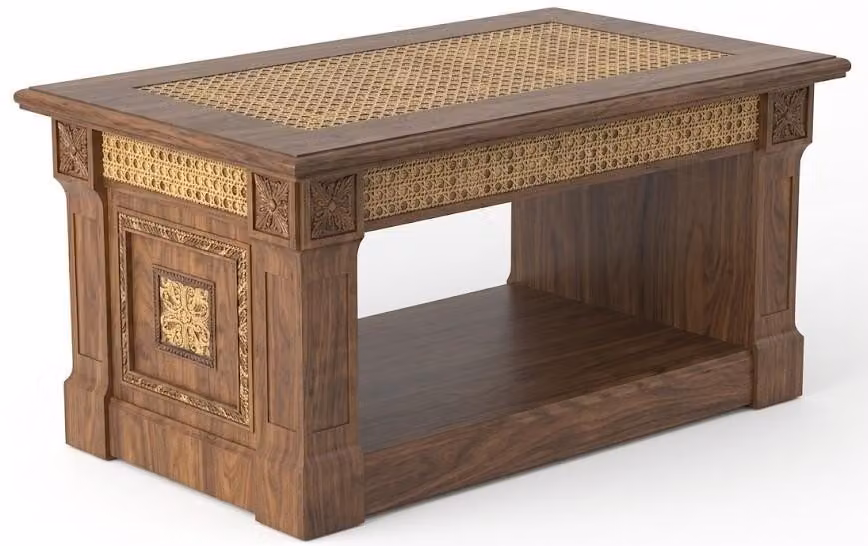 Klassischer Couchtisch Nussbaumholz Rattan Goldenen Verzierungen