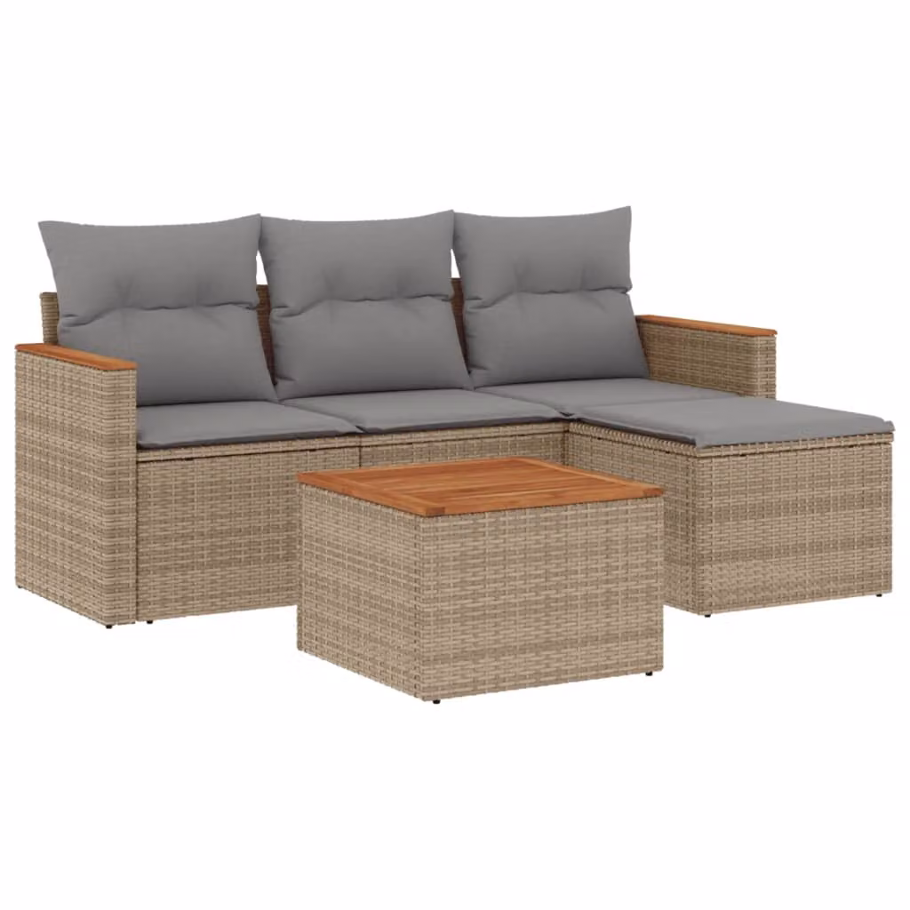 Set Divano da Giardino 5 pz con Cuscini Beige in Polyrattan