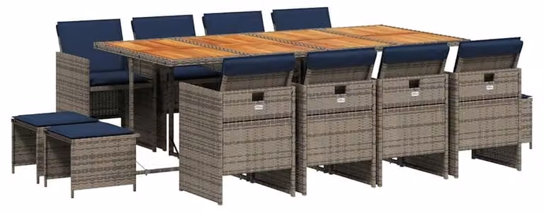 Set da giardino per 13 persone, grigio, in rattan sintetico - Sedie pieghevoli con cuscini - Tavolo in legno di acacia