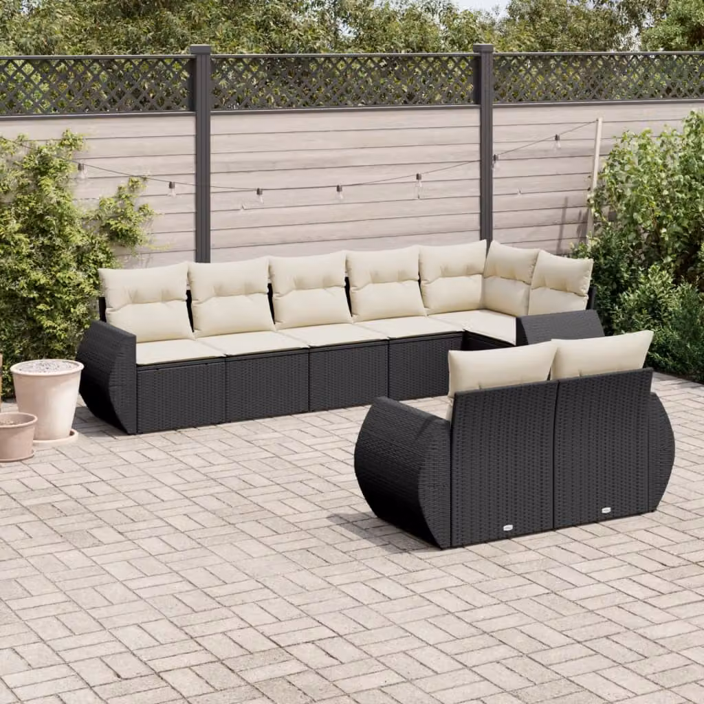 Set di divani da giardino vidaXL a forma di L con 8 cuscini in polyrattan nero e struttura in metallo – 1
