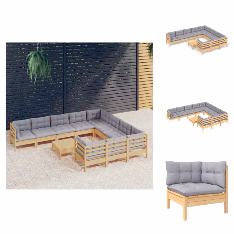 vidaXL set salotto da giardino 11 pezzi con cuscini grigi in legno di pino - Set di mobili da giardino