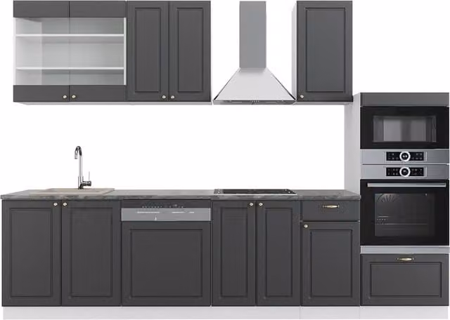 Cucina componibile moderna Fame-Line Vicco colore antracite, oro e bianco, larghezza: 300 cm, con armadio alto e senza piano di lavoro