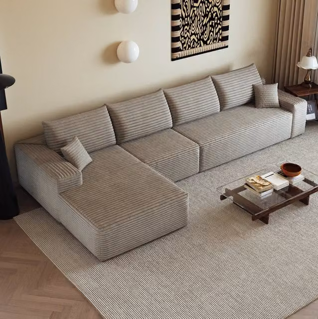 Divano angolare con chaise longue a L, 340 cm, tessuto a coste, Camel