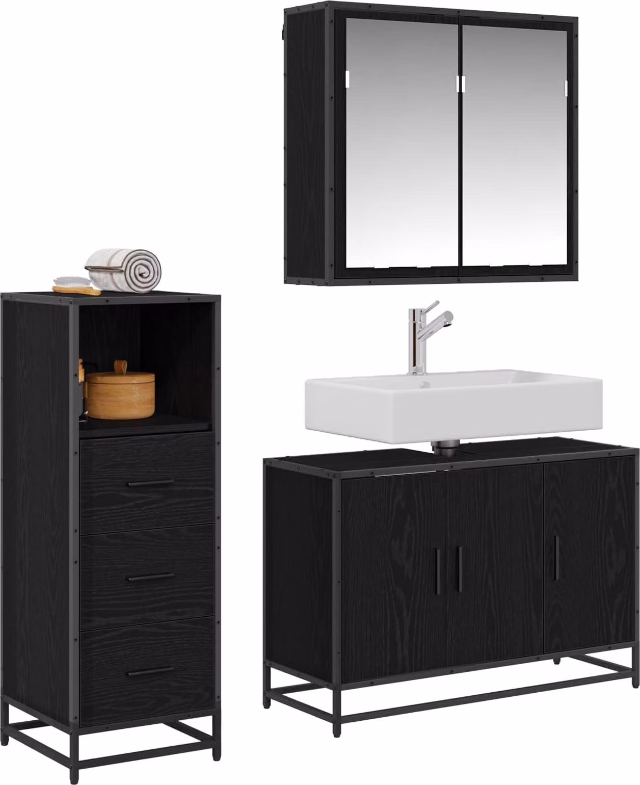 Set di mobili per il bagno 3 pcs Rovere Nero Legno multistrato