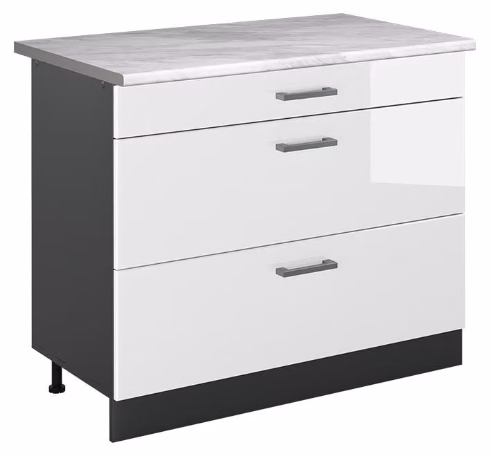 Mobiletto base per cucina Vicco R-Line Bianco lucido/Antracite 100 cm piano di lavoro Marmo, Model 71597
