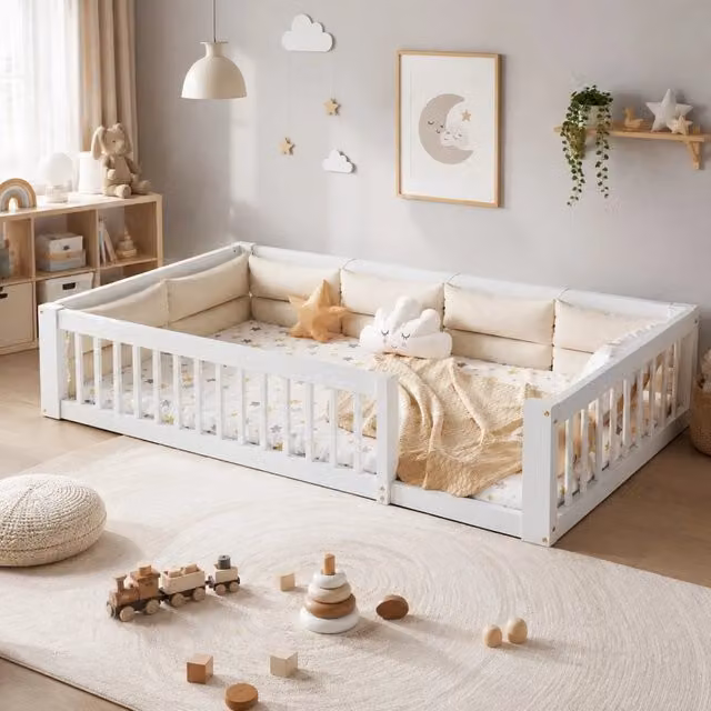 Letto singolo 90 × 200 cm con sponde di protezione e cuscini imbottiti in legno e MDF bianco