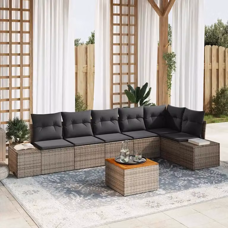 Set Divano da Giardino vidaXL a forma a U in Polyrattan Grigio con 7 Pezzi, Cuscini e Tavolino da Esterno