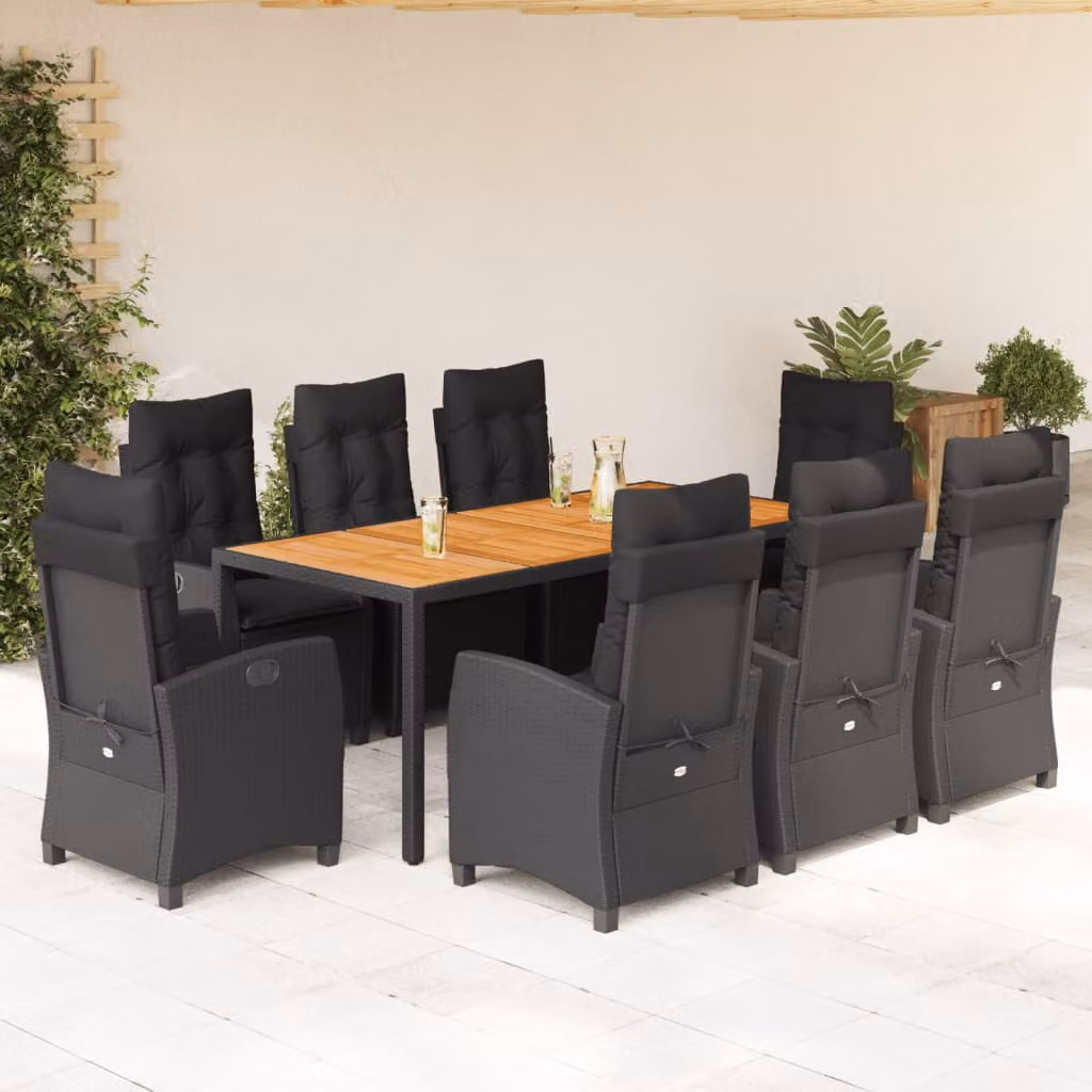 Set da Pranzo da Giardino vidaXL in Polyrattan e Legno di Acacia Nero con 9 Pezzi e Cuscini – 1