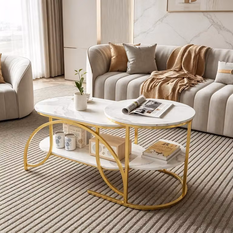 INONEFT, set di 2 tavolini da caffè, design moderno con aspetto marmorizzato, tavolini con aspetto marmorizzato e struttura in metallo, tavolini laterali con spazio contenitivo, colore oro e bianco