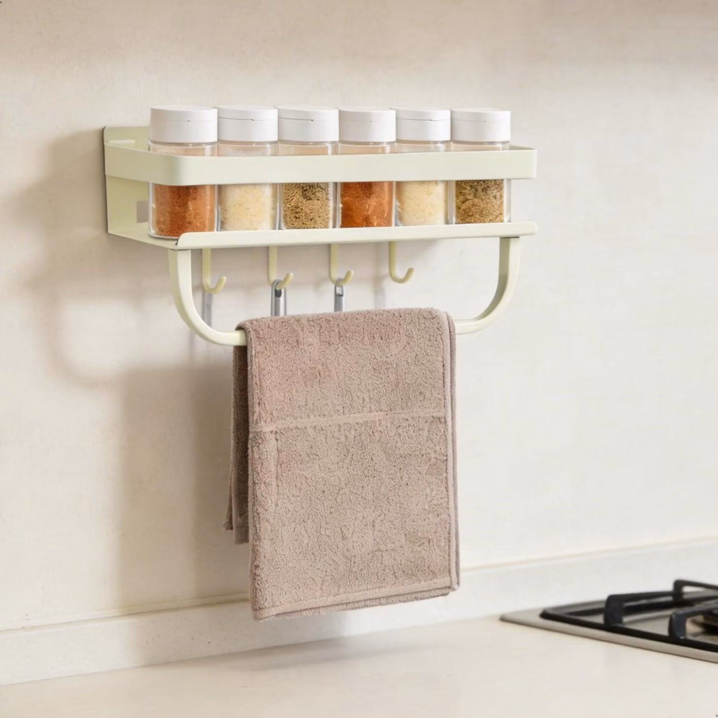 Scaffale da parete multifunzionale per erbe aromatiche, con ganci e portasciugamani, ideale per cucina e bagno, salvaspazio