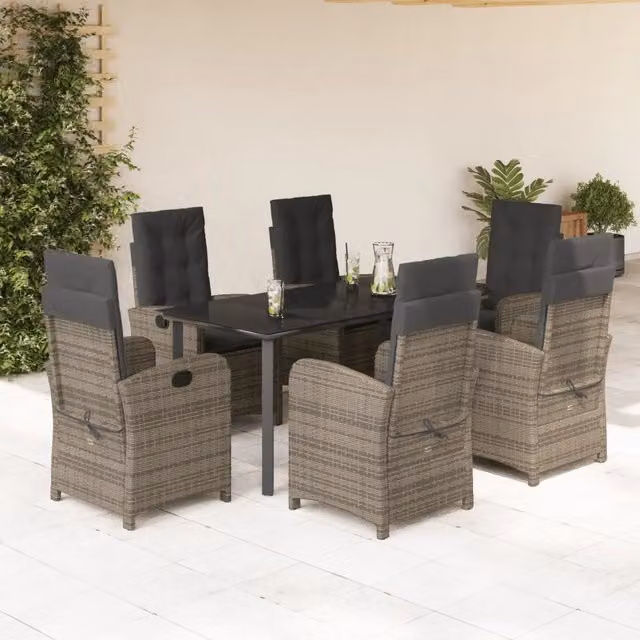Set da pranzo da giardino vidaXL in polyrattan grigio e nero con tavolo in vetro, 7 pezzi