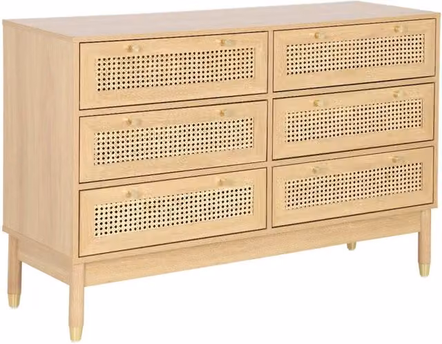Cassettiera decorativa legno e rattan 6 cassetti, marrone naturale